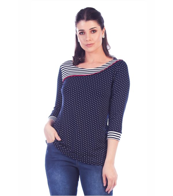 Blusa Manga 3 4 Em Poa Com Recorte Listrado Azul Marinho Pau A